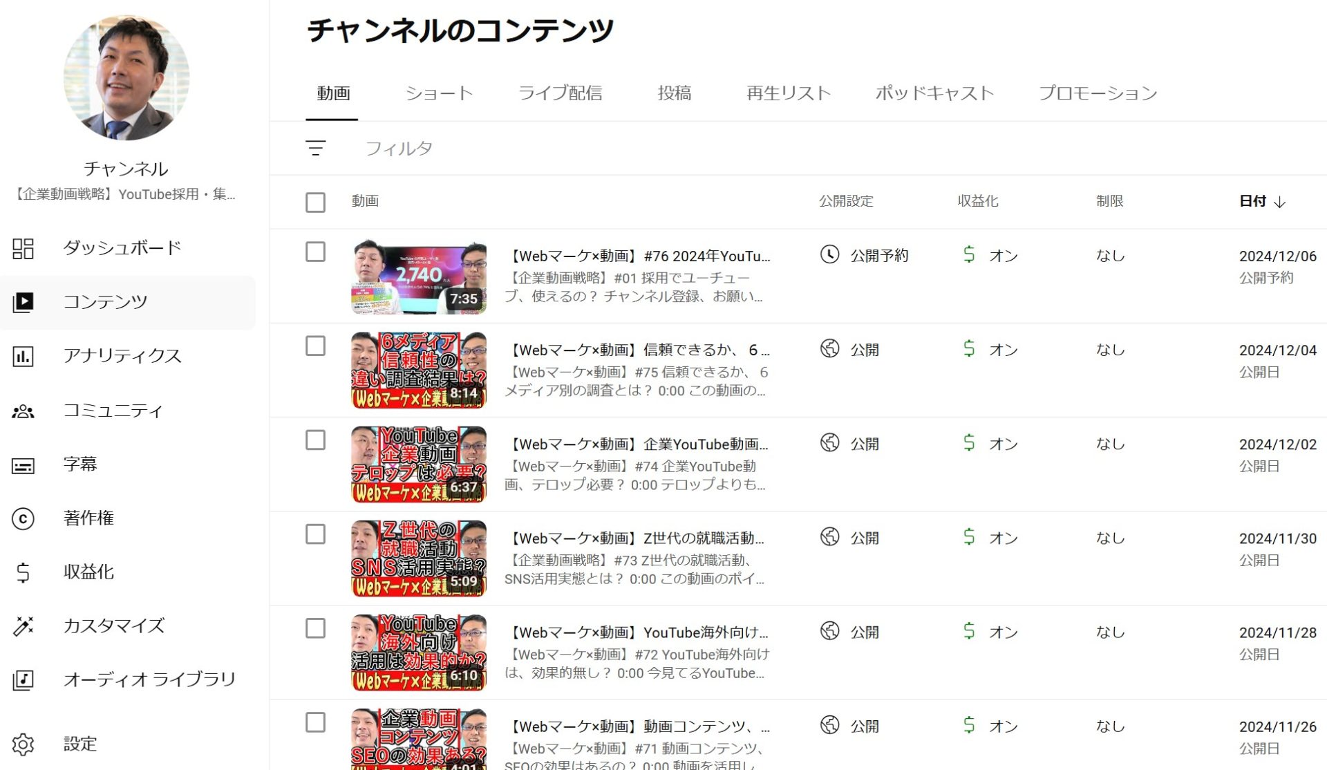 YouTube Studioの「チャンネルのコンテンツ」画面。動画・ショート・ライブ配信などのタブと、動画一覧が表示されている