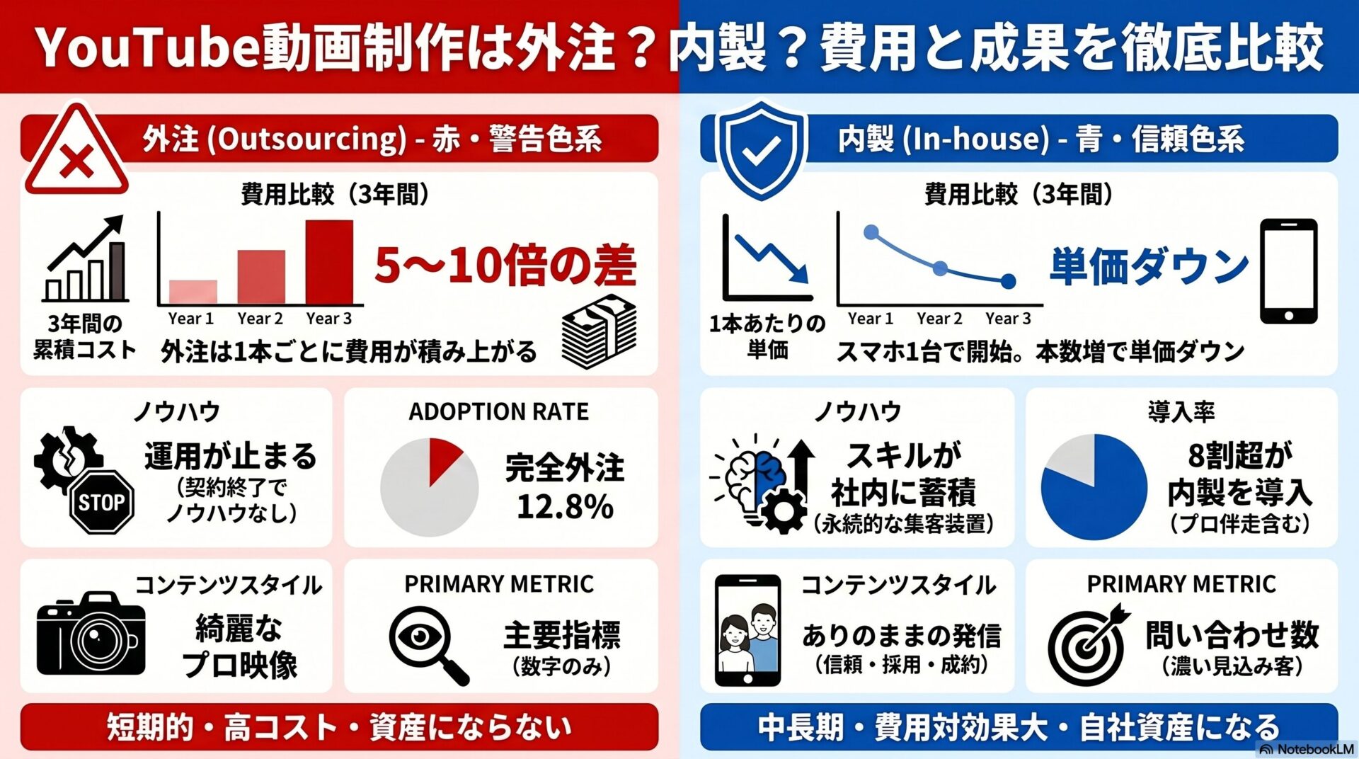 動画制作の外注と内製を費用・成果・継続性の3軸で比較した図