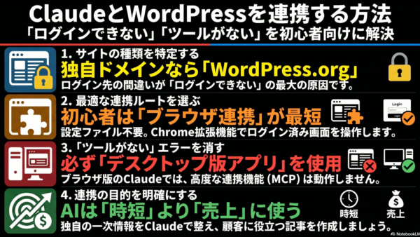 ClaudeとWordPressを連携する方法｜「ログインできない」「ツールがない」を初心者向けに解決