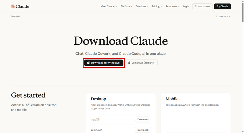 Claude公式ダウンロードページ。Windows版・Mac版のダウンロードボタンが表示されている