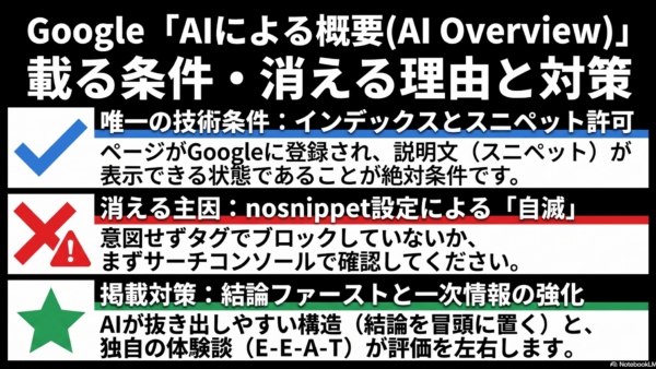 Google「AIによる概要（AI Overview）」に載る条件・消える理由と対策