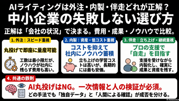 AIライティングは外注・内製・伴走どれが正解？中小企業の選び方