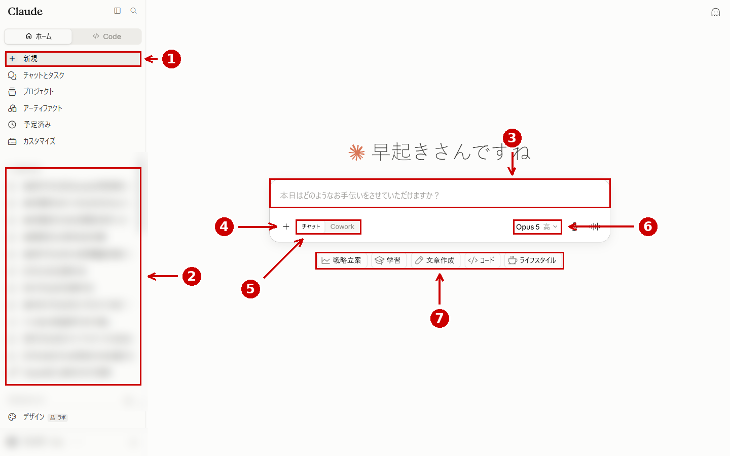 Claudeのチャット画面の各部名称。新規ボタン、会話履歴、入力欄、添付ボタン、モデル選択、5つの入口ボタンに赤い番号を付けた解説図