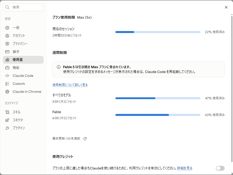 Claudeの設定画面「使用量」。現在のセッションの使用率とリセットまでの時間、週間制限のグラフが表示されている実際の画面