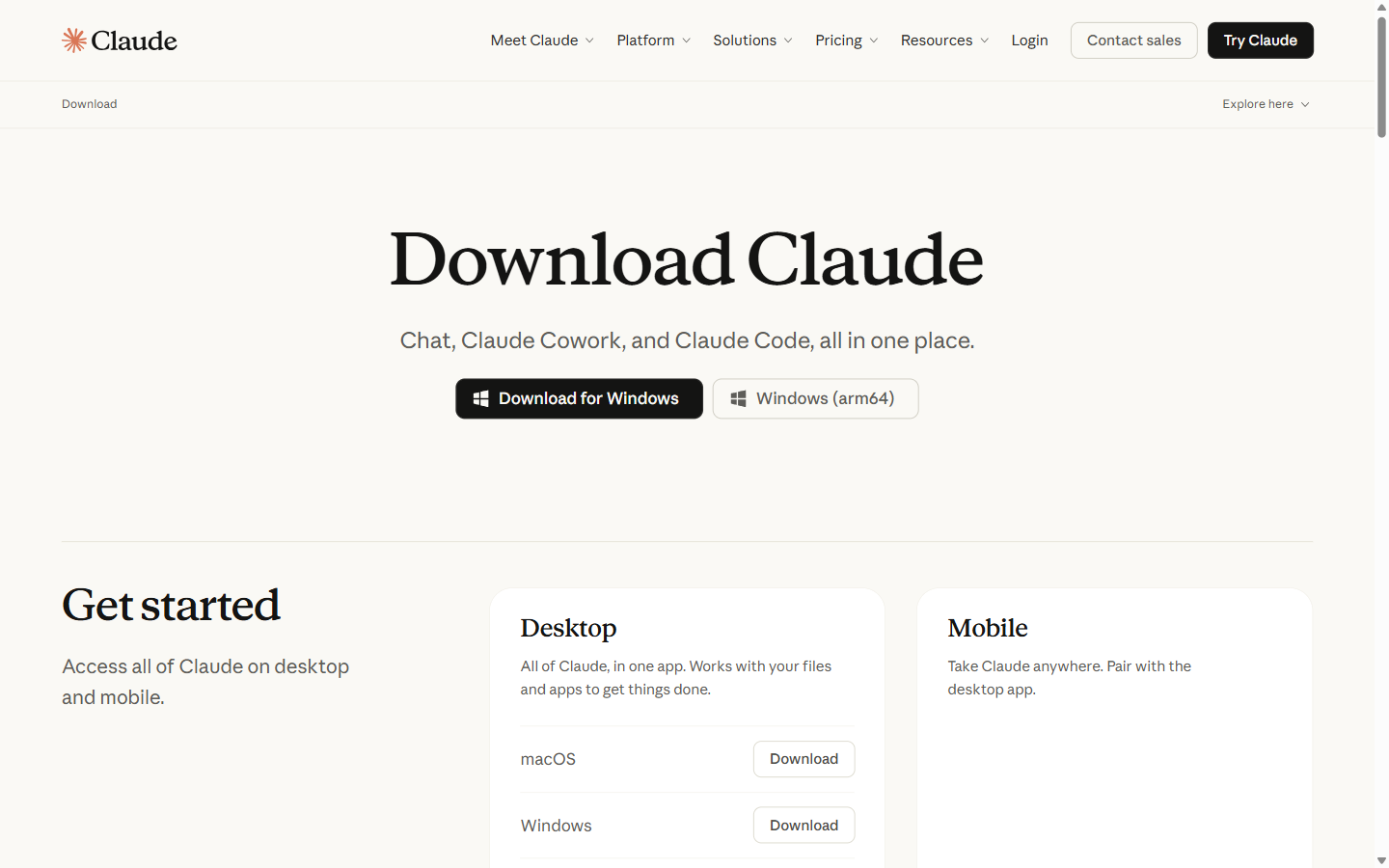 Claude公式サイト claude.com のダウンロードページ。英語で Download Claude と表示されている実際の画面