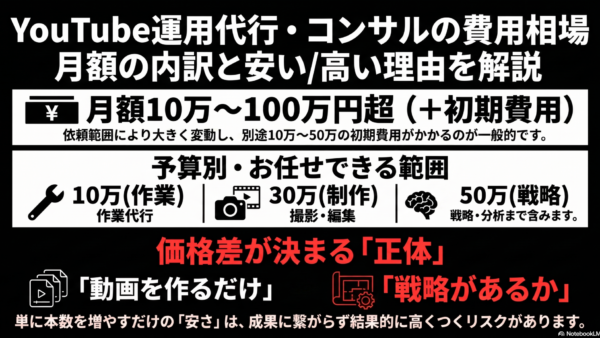 YouTube運用代行・コンサルの費用相場｜月額の内訳と“安い/高い”の理由を専門家が解説