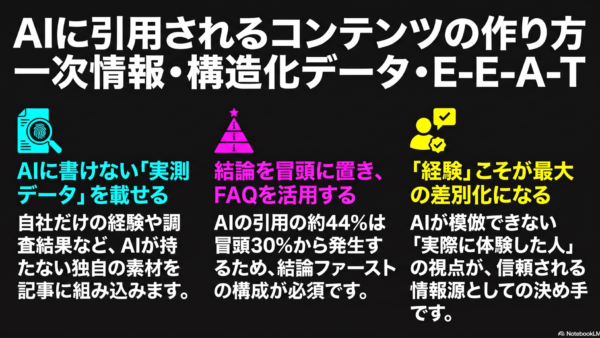 AIに引用されるコンテンツの作り方｜一次情報・構造化データ・E-E-A-T