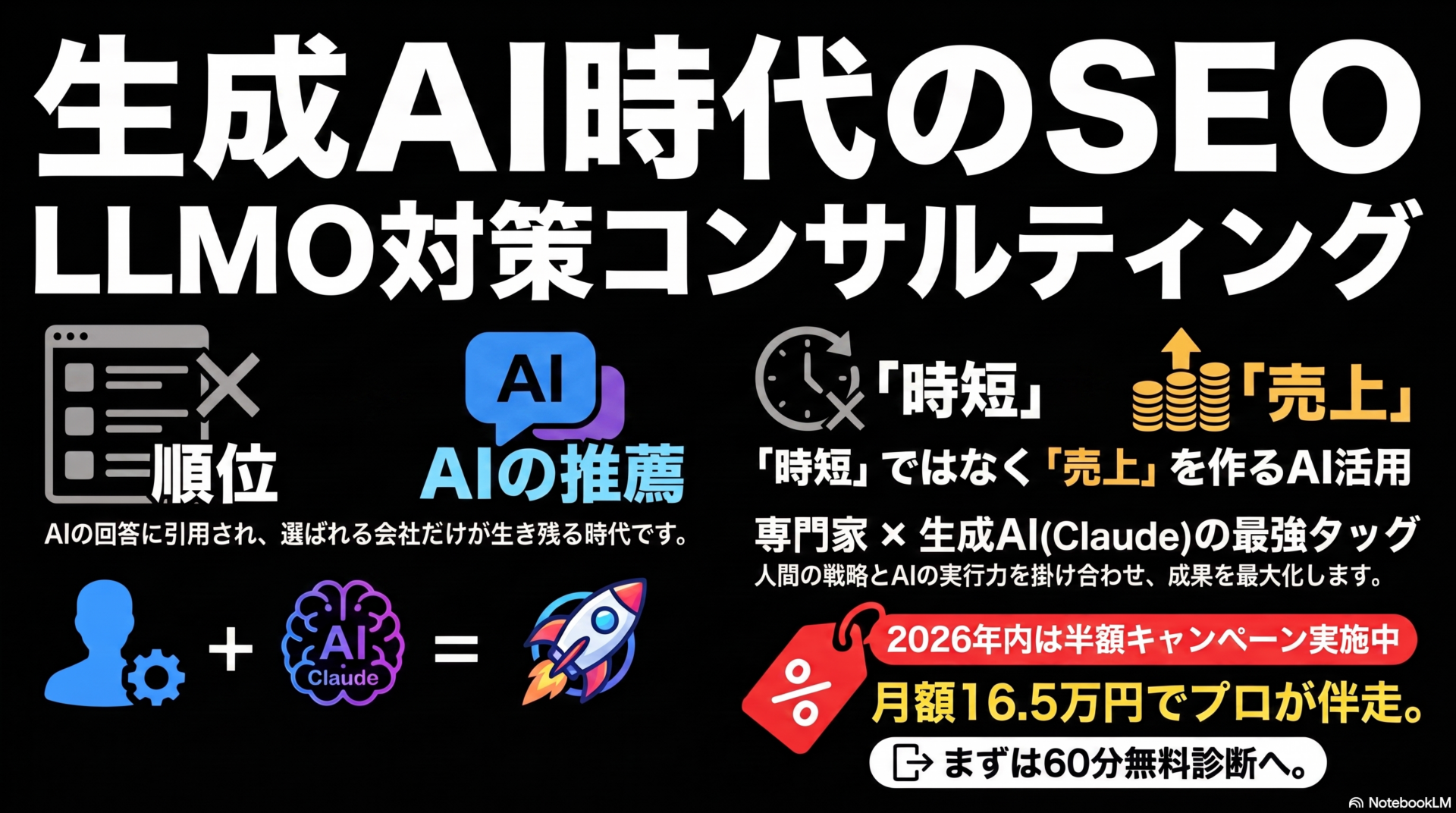 生成AI時代のSEO・LLMO対策コンサルティング｜専門家×生成AI（Claude）の伴走支援。2026年内の利用月は半額キャンペーン中・月額16.5万円。まずは60分無料診断へ