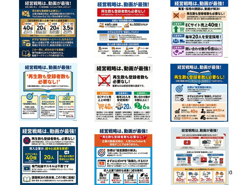 同じプロンプトで生成した9種類のインフォグラフィックの比較