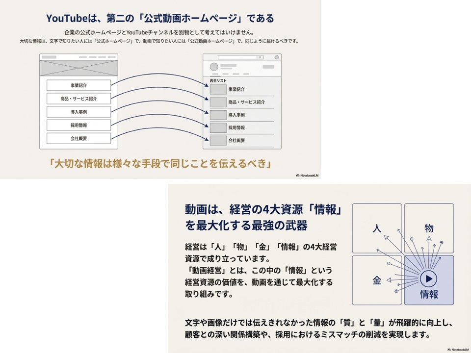 NotebookLMが作ったスライド例「YouTubeは第二の公式動画ホームページである」
