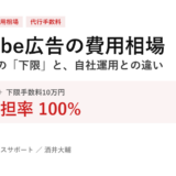 YouTube広告の費用相場を示すアイキャッチ。広告費10万円に下限手数料10万円で実効負担率100%になることを示している