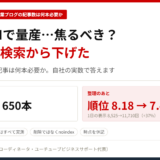 企業ブログの記事数についてまとめたアイキャッチ画像。2026年8月22日時点でいま公開している記事は650本、累計制作は1,170本超。609本を検索から下げた結果、サイト全体の平均掲載順位は8.18から7.45へ、1日の表示は8,525回から11,710回へ37パーセント増加