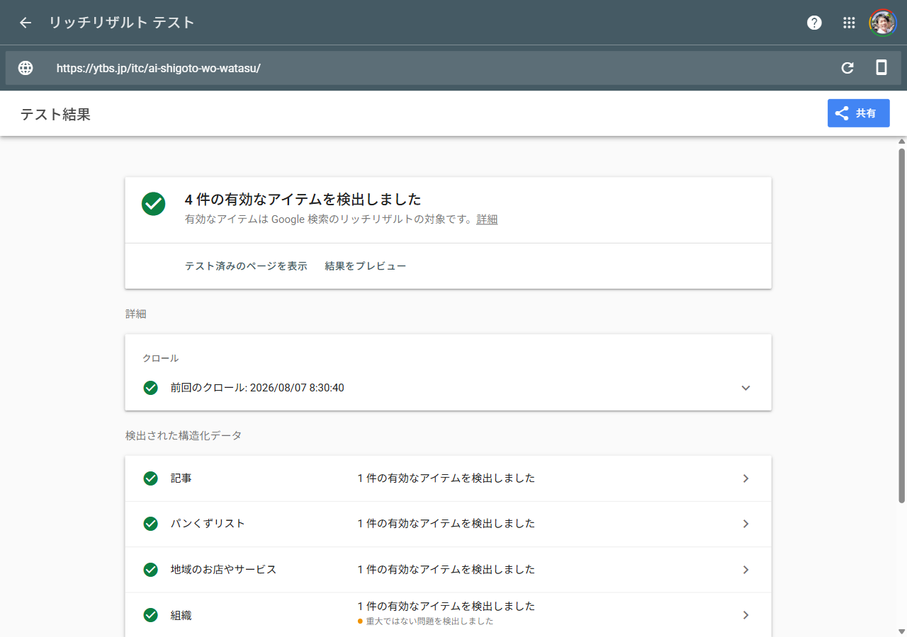 Googleリッチリザルトテストの結果画面。緑のチェックマークとともに「4件の有効なアイテムを検出しました」と表示され、記事・パンくずリスト・地域のお店やサービス・組織の4種類の構造化データが検出されている