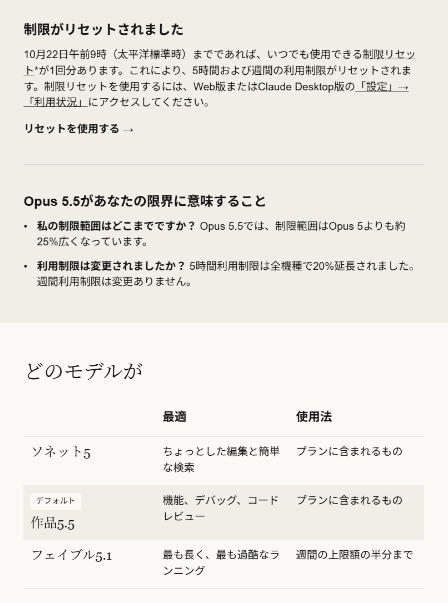 Anthropicから届いたメールの一部。上に制限リセット(10月22日午前9時・太平洋標準時まで、5時間および週間の利用制限がリセット)と、Opus 5.5では制限範囲がOpus 5より約25%広い・5時間利用制限は20%延長・週間は変更なし、の欄。下の「どのモデルが最適」の表に、Sonnet 5=ちょっとした編集と簡単な検索(プランに含まれる)、デフォルトのOpus 5.5=機能・デバッグ・コードレビュー(プランに含まれる)、Fable 5.1=最も長く最も過酷な作業(週間の上限の半分まで)とある。2026年9月24日受信