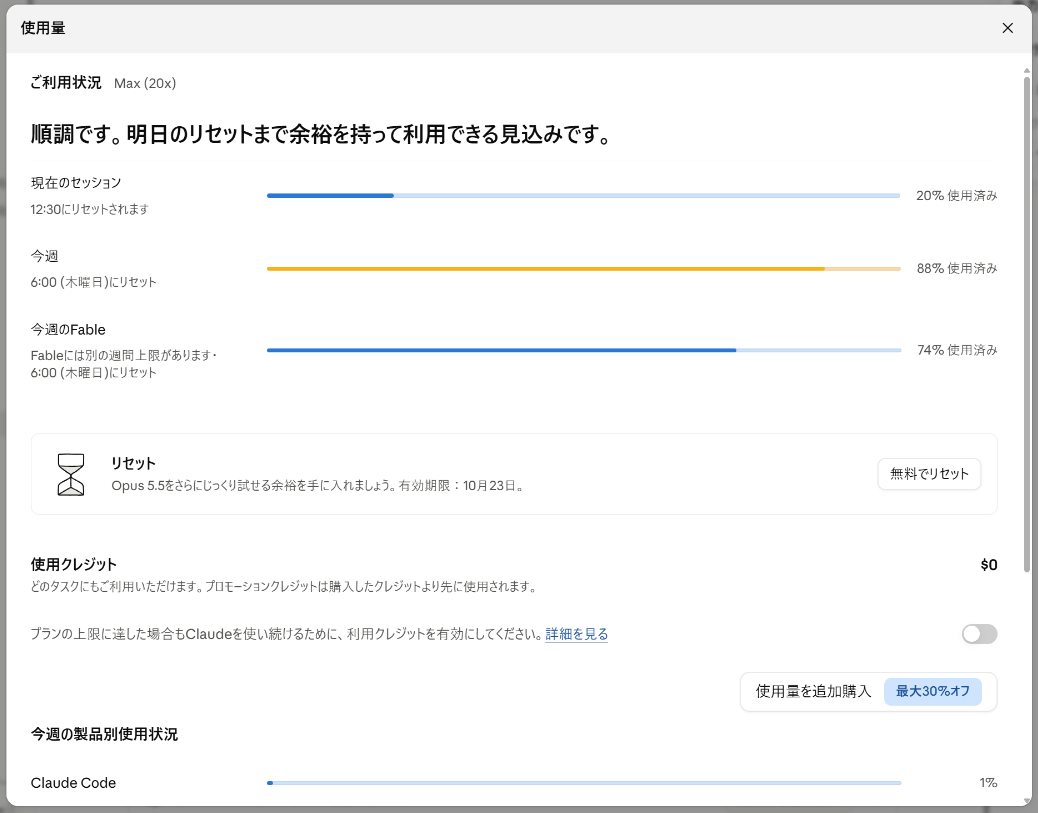 Claudeの設定の使用量の画面(Maxプラン20x)。現在のセッション20%、今週88%、今週のFable 74%使用済み。「リセット Opus 5.5をさらにじっくり試せる余裕を手に入れましょう。有効期限:10月23日。」と「無料でリセット」のボタンが表示されている。2026年9月23日に当社の環境で撮影