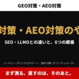 アイキャッチ｜GEO対策・AEO対策のやり方。SEO・LLMOとの違いと、6つの順番。まず測る。直すのは、そのあと