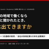 記事のアイキャッチ画像。「AIに『この地域で働くならどこ？』と聞かれたとき、自社は出てきますか」の見出しと、AI4社×3業種×3日連続の実測・自社の採用記事102本を全数集計という副題
