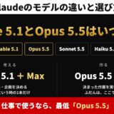 Claudeのモデルの違いと選び方。Fable 5.1・Opus 5.5・Sonnet 5.5・Haiku 5.5の4つのモデルと、考えるときはFable 5.1のMax、作るときはOpus 5.5の中という使い分けを示した図